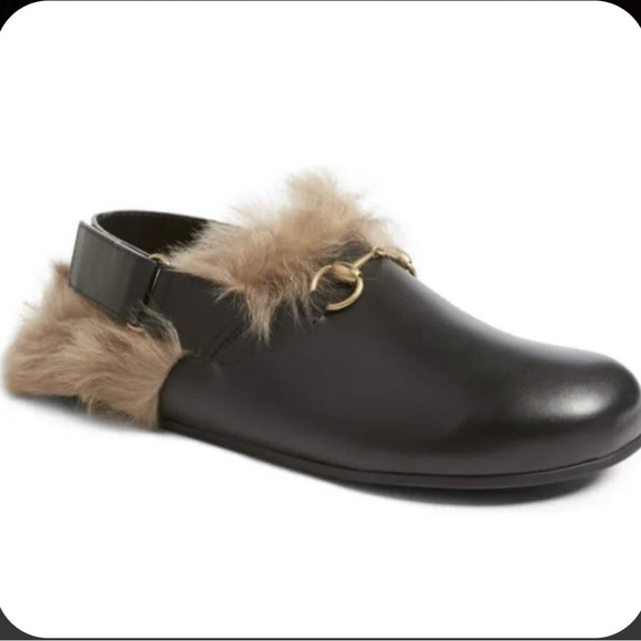Gucci River RARE black leather horsebit kangaroo fur lined slipper mules men 5.5 - Picture 1 of 11